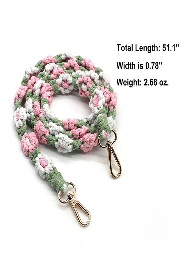 Craoopii Handmade Woven Cotton Rope Flower Shoulder Strap Bag Strap Purse Strap Crossbody Replacement Strap (Green Pink) - Image 2
